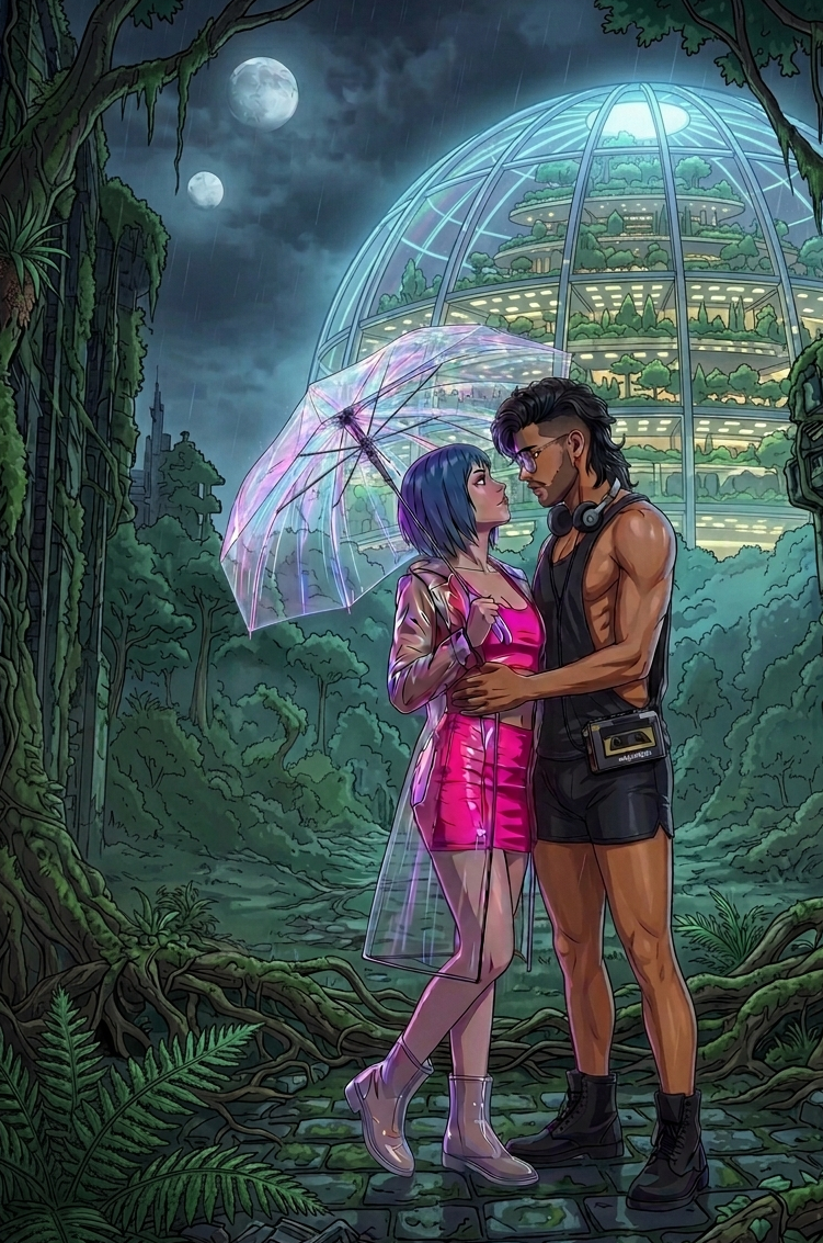 Rai and Logan standing beneath an umbrella in the overgrown ruins outside the glass dome of Planet 7518, two moons overhead.
